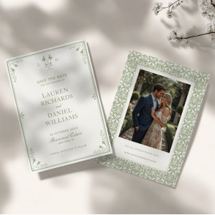 Reserve A Data Casamento Monograma de Jardim Vintage Verde Sálvia