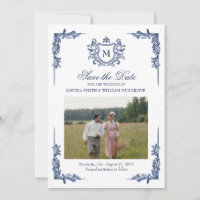 Casamento Monograma do Brasão Vintage Azul