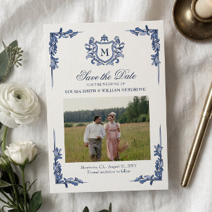 Reserve A Data Casamento Monograma do Brasão Vintage Azul
