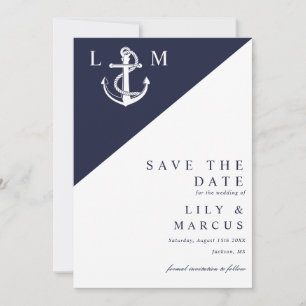 Reserve A Data Casamento Monograma Minimalista Azul Marinho Náuti