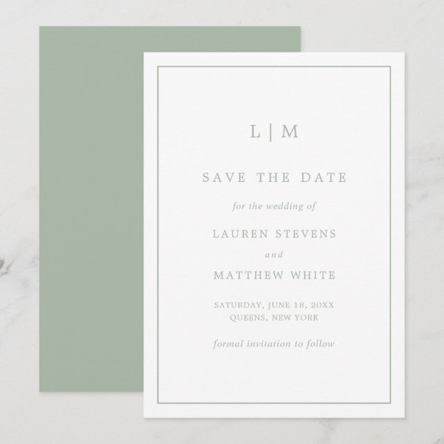 Reserve A Data Casamento Monograma Simples em Verde Sage Elegante (Frente/Verso)