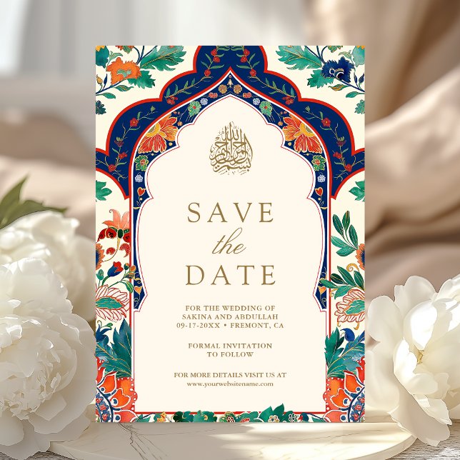 Reserve A Data Casamento Muçulmano Creme com Relevo Floral Persa (Criador carregado)