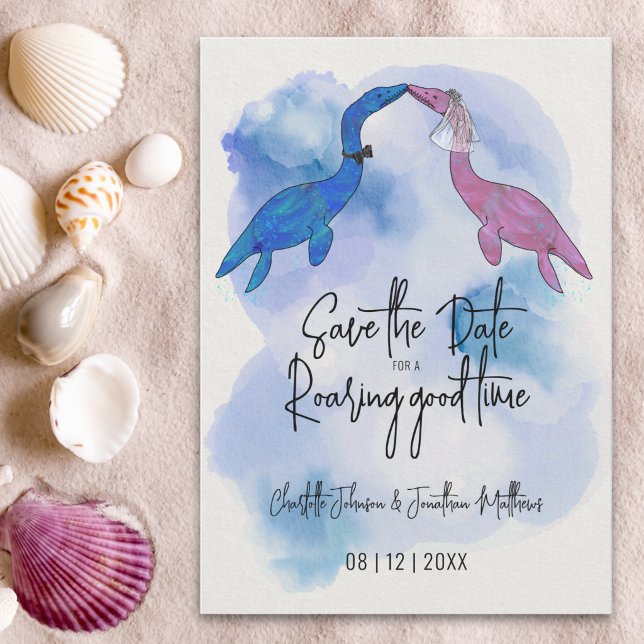 Reserve A Data Casamento na Praia com Dinossauro Divertido Salvar (Funny save the date for a roaring good time dinosaur wedding Watercolor beach wedding)