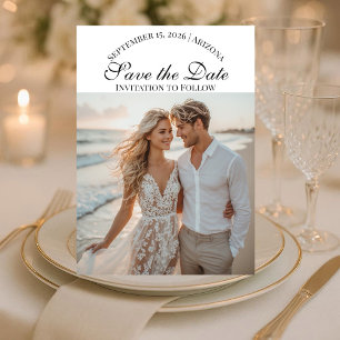 Reserve A Data Casamento na Praia com Duas Fotos em Script Modern
