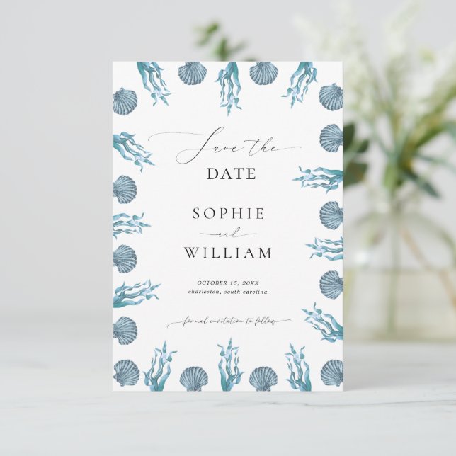 Reserve A Data Casamento na Praia com Moldura de Concha Azul Náut (Em pé/Frente)