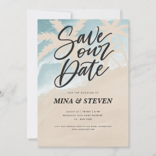 Reserve A Data Casamento na praia com palmeiras aquarela