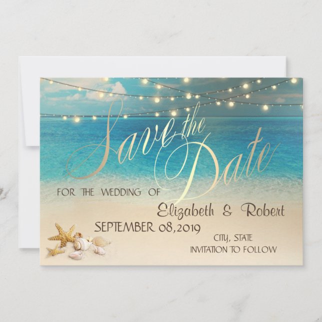 Reserve A Data Casamento na Praia Save The Date Luzes Conchas (Frente)