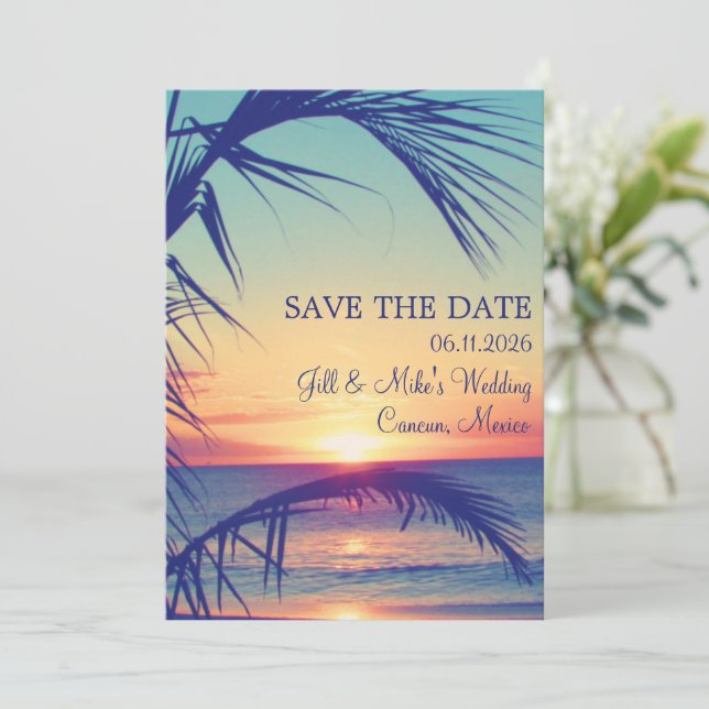 Reserve A Data Casamento na Praia Tropical México Salve a Data (Em pé/Frente)