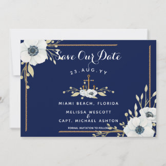 Reserve A Data Casamento Náutico de Âncora marinho Azul e Branco