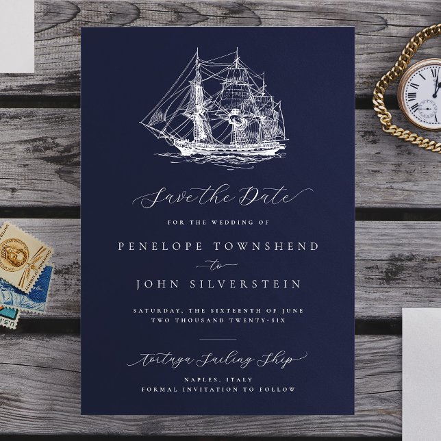 Reserve A Data Casamento Naval Elegante Azul-Marinho (Elegant Nautical Ship Navy Blue Wedding Save The Date)