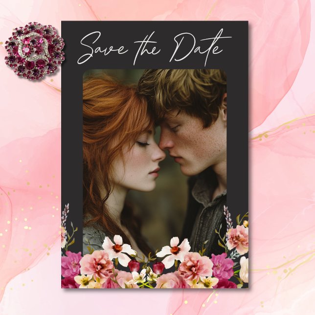 Reserve A Data Casamento Negra Floral do Verão Elegante Moderno (Modern Elegant Summer Meadow Floral Black Wedding Save The Date)