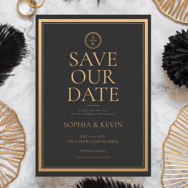 Reserve A Data Casamento Negro Dourado de Elegância Simples Cláss (A sophisticated and chic save the date card that features your names in gold on a black background.)