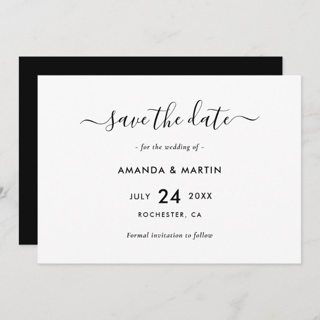 Reserve A Data Casamento Negro e Branco Elegante (Frente/Verso)