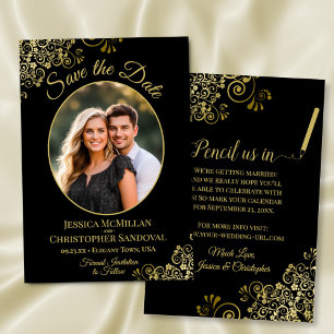 Reserve A Data Casamento Negro Oval De Foto Dourado Elegante