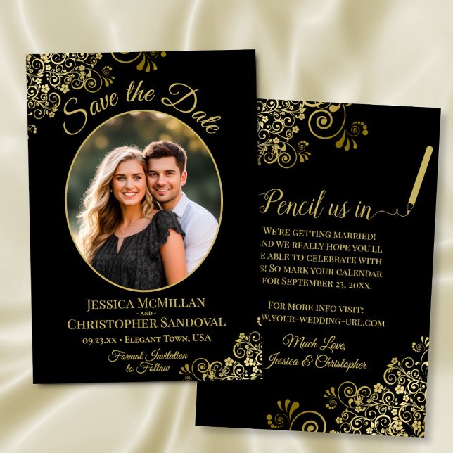 Reserve A Data Casamento Negro Oval De Foto Dourado Elegante (Front/Back)