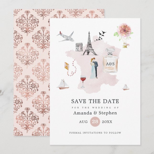 Reserve A Data Casamento no Destino Paris com Rosa e Dourado Rosa (Frente/Verso)