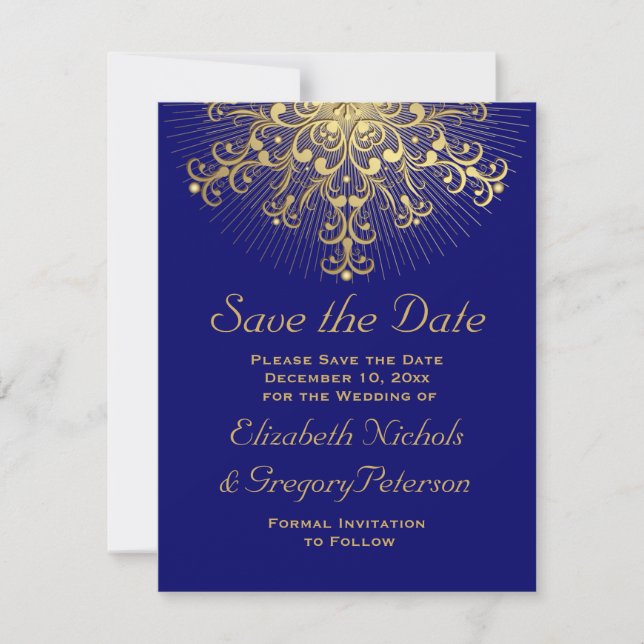 Reserve A Data casamento no inverno azul com floco de neve Dourad (Frente)