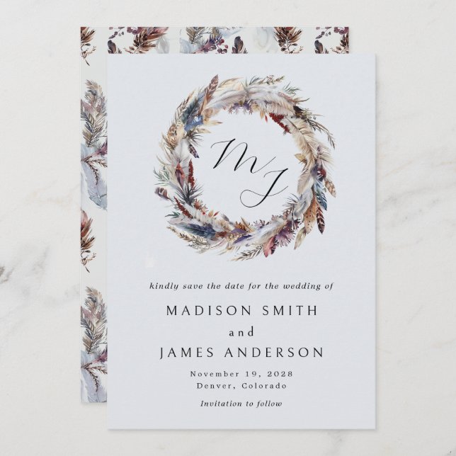 Reserve A Data Casamento no inverno Boho Feenas Wreath Monograma (Frente/Verso)