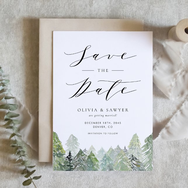Reserve A Data Casamento no inverno de Água Neve Evergreen Woodla (Customizable save the date card featuring snowy watercolor pine forest, perfect for winter weddings.)