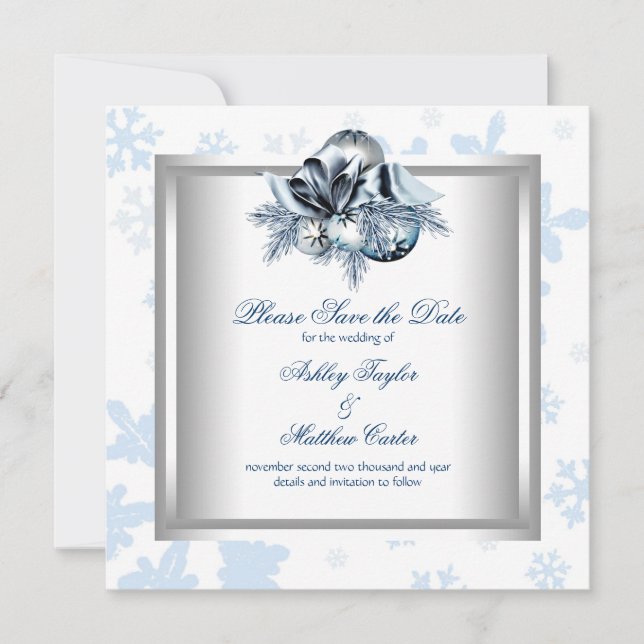 Reserve A Data Casamento no inverno de floco de neve azul branco  (Frente)