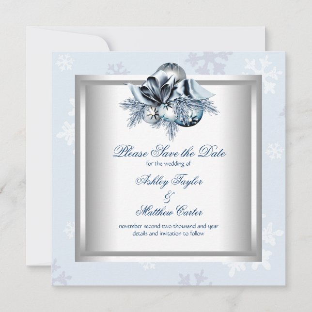 Reserve A Data Casamento no inverno de floco de neve azul branco  (Frente)