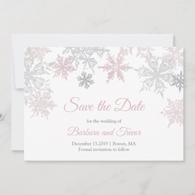 Reserve A Data Casamento no inverno Dusty Pink & Silver Snowflake (Frente)