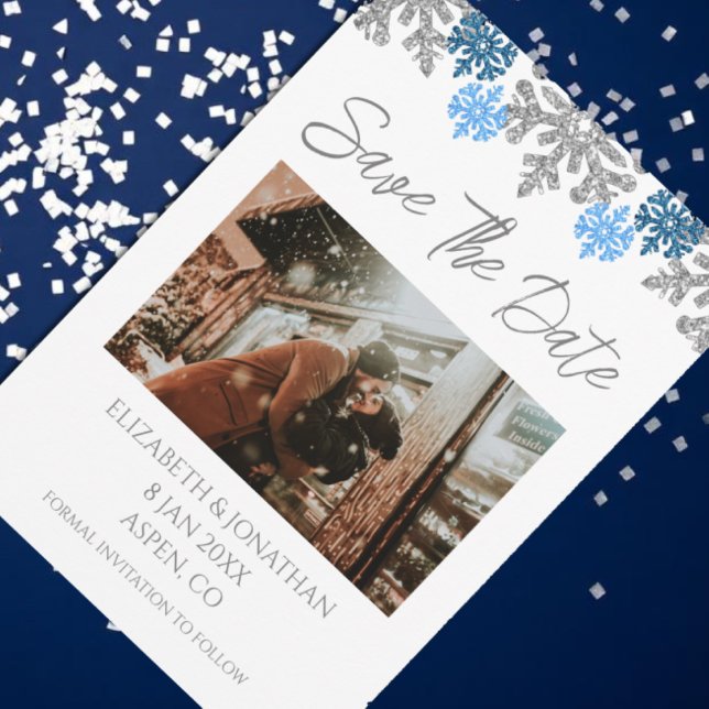 Reserve A Data Casamento no inverno Silver Blue Snowflakes (Criador carregado)