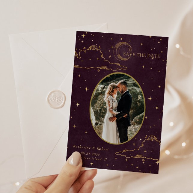 Reserve A Data Casamento Nuvens Lua Dourada Celestial Mística (Criador carregado)