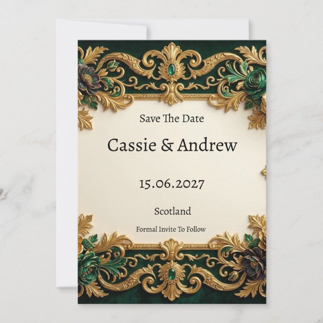 Reserve A Data Casamento Ornado Verde Dourado (Frente)