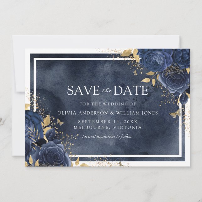 Reserve A Data Casamento Ouro Floral Azul Marinho Mágico Aquarela (Frente)
