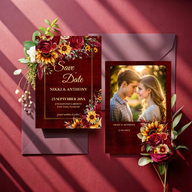 Reserve A Data Casamento outono burgundi rosa foto de girassol am (Sunflowers burgundy roses fall wedding photo template save the date card)