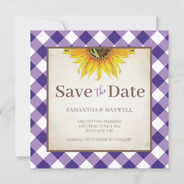 Reserve A Data Casamento outono Com Gingham Roxo Salvar Data (Frente)