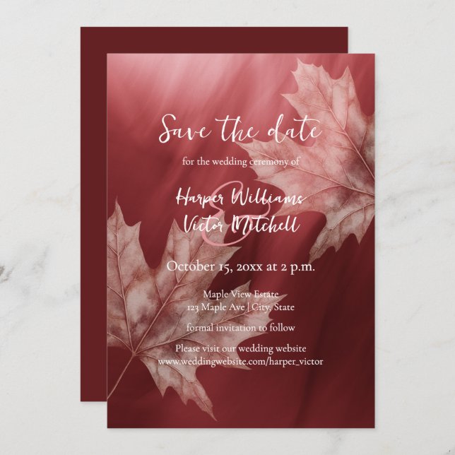 Reserve A Data casamento outono das folhas de maroon maple (Frente/Verso)