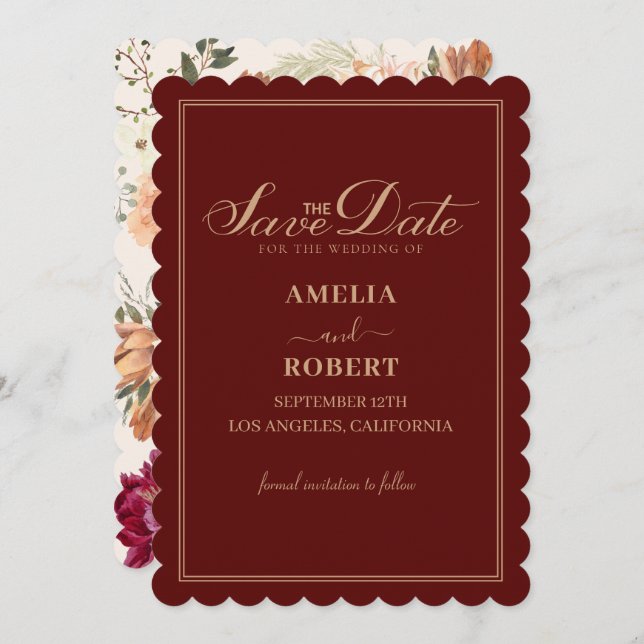 Reserve A Data Casamento outono floral moderno maroon burgundy (Frente/Verso)