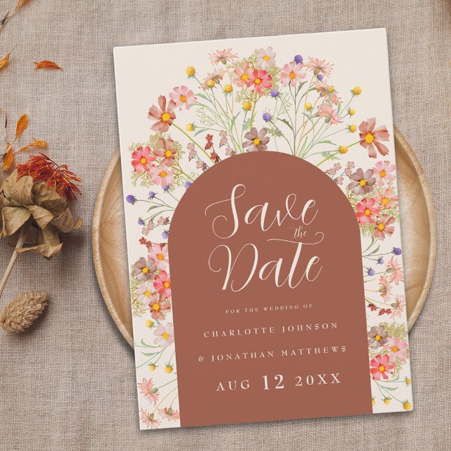 Reserve A Data Casamento outono Rustic Boho de Arco de Flor Selva (Boho fall rustic wildflower floral arch wedding save the date invitation Burnt orange and beige)