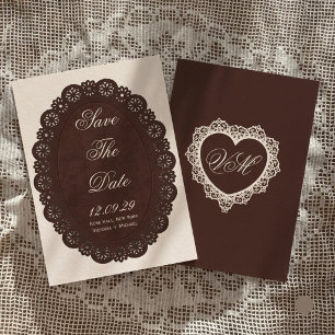Reserve A Data Casamento Oval de Renda Marrom Escuro Vintage