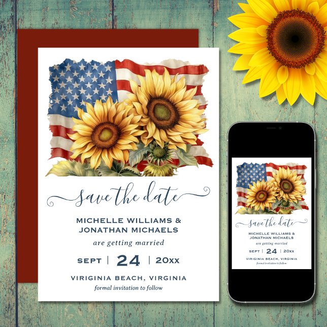 Reserve A Data Casamento Patriótico Americano de Bandeira Sunflow (Printed (front and back) and Digital Patriotic American Flag Sunflower Wedding Save The Date)