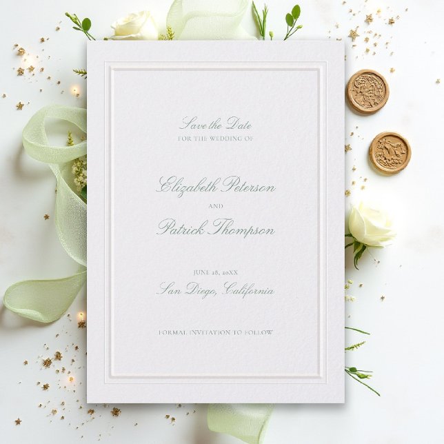 Reserve A Data Casamento Pérola Safira Clássico Elegante Formal (modern classic wedding save the date sage green type double frame formal traditional stately pearl)