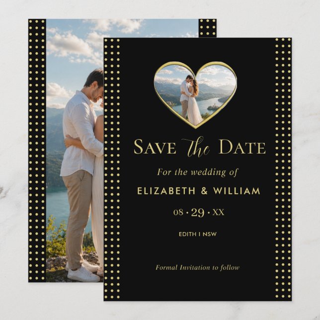 Reserve A Data Casamento personalizado com bolinhas pretas e dour (Frente/Verso)