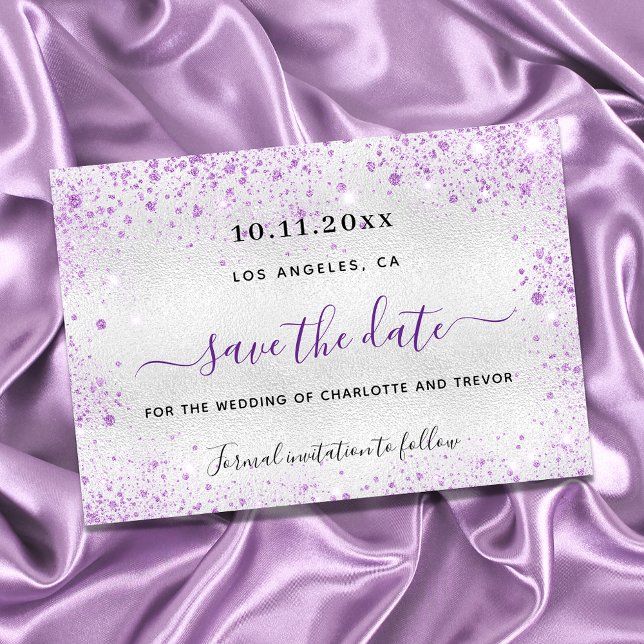 Reserve A Data Casamento prata violeta faíscas elegante (Criador carregado)