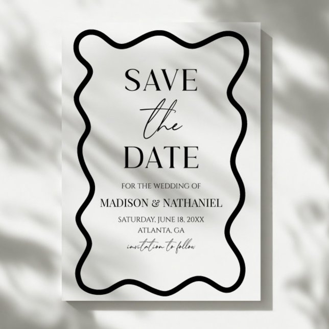 Reserve A Data Casamento Preto Branco Elegante com Borda Ondulada (Criador carregado)