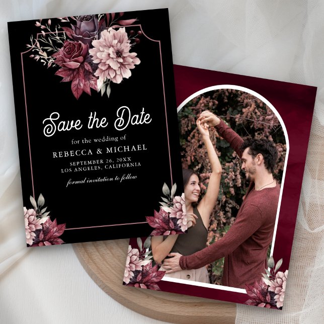 Reserve A Data Casamento Preto com Foto de Quadro Floral Escuro (Criador carregado)
