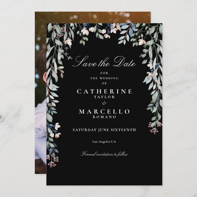 Reserve A Data Casamento Preto E Branco De Flores Florais (Frente/Verso)