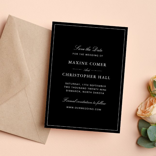 Reserve A Data Casamento Preto e Branco Formal Simples e Elegante (Simple black and white save the date announces your wedding with timeless elegance.)