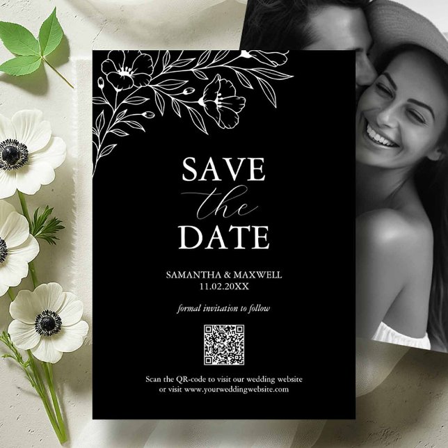 Reserve A Data Casamento Preto E Branco Salvem As Datas (Black and white wedding save the dates with photo and white anemone flowers by Do Tell A Belle)