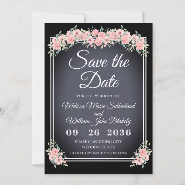 Reserve A Data Casamento Preto Floral Chalkboard (Frente)