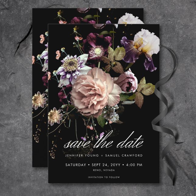 Reserve A Data Casamento Preto Floral Opulente de Pastel Moody Da (Dark Moody Pastel Opulent Floral Black Wedding Save The Date)