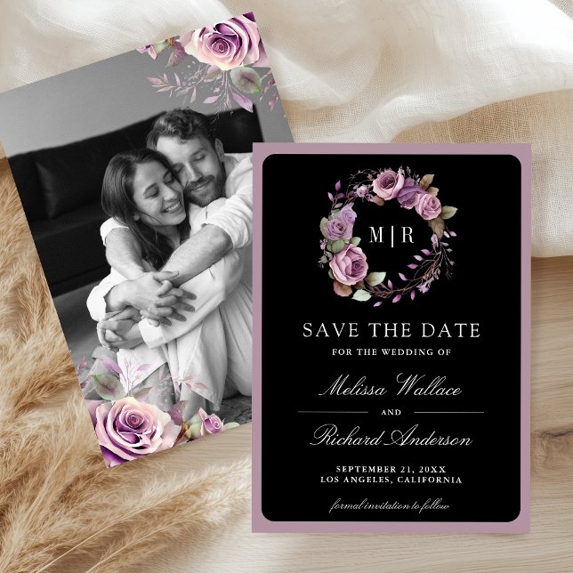 Reserve A Data Casamento Preto Foto Floral Roxa Pó Rustico (Criador carregado)