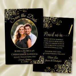 Reserve A Data Casamento Preto Foto Oval Ondas de Ouro Elegantes