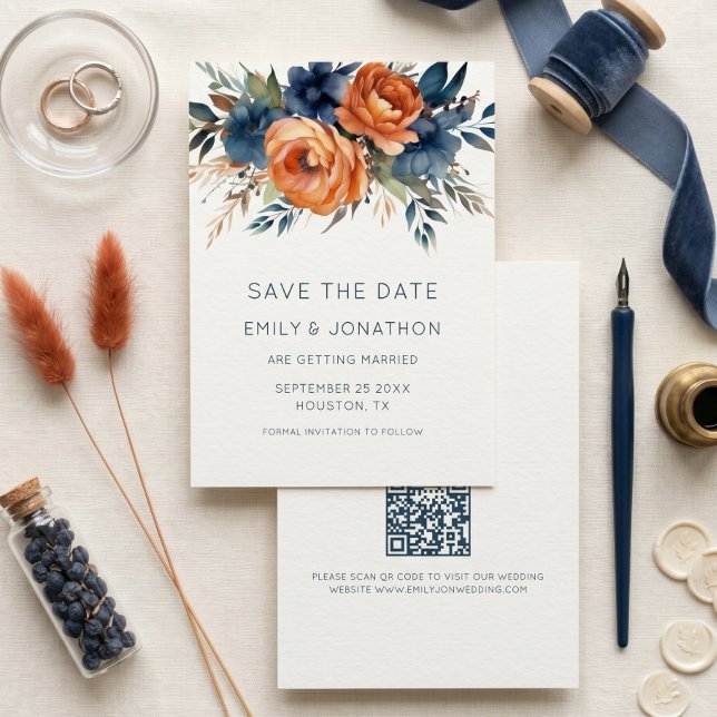 Reserve A Data Casamento QR Florais Laranja Queimada Azul Marinho (Criador carregado)